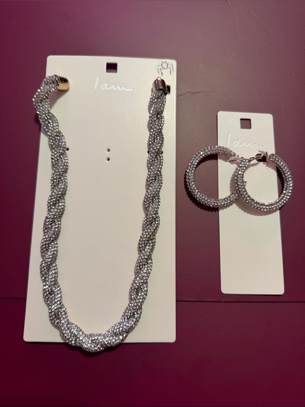 I Am Silver-Tone Braided Crystal Necklace and Hoop Earrings Set. Free Earrings